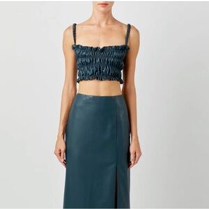 NWT Soft Animal Faux Leather Smocked Top Dark Green Size M